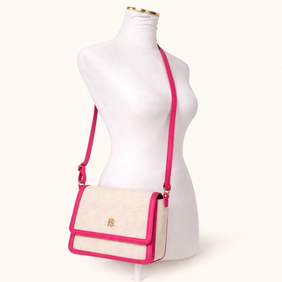 Tommy Hilfiger NWT Pink Trim Canvas Crossbody Bag Logo Purse - Picture 2 of 8